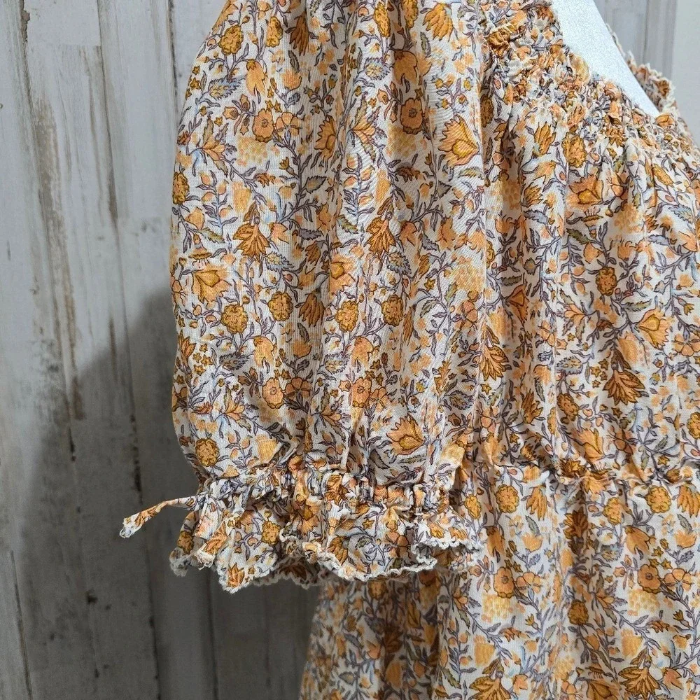 Old Navy Cream Yellow Puff Sleeve Square Neck Floral Babydoll Blouse Size Large